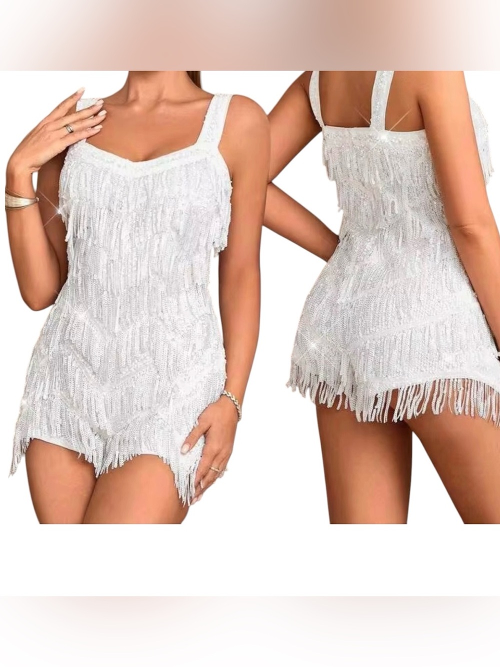 Shein Sparkling White Sequin Fringe fully lined dazzling romper, XL